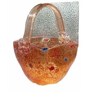 Art Glass Mottled Orange Basket 9 Inches Tall Applied Handles